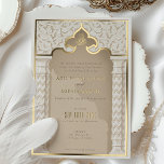 Verzierte architektonische Hochzeitsfeier Folieneinladung<br><div class="desc">Diese wunderschön gestaltete Hochzeitseinladungskarte besticht durch Opulenz und Tradition mit ihrem architektonischen Spitzendesign und den Akzenten der Folie. Die Vorderseite der Einladung zeigt ein erstaunlich kompliziertes Muster, das Inspiration aus den großen Bögen und Säulen der islamischen Architektur zeichne, die in einer reichen Palette von Gold, Sahne und Elfenbein zum Leben...</div>
