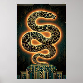 Verzierte Art Deco-Schlangenserpent Goldspule Poster