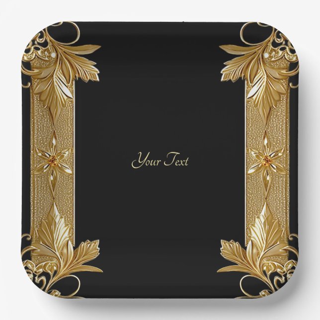 Verzierte Blattplatte aus Gold Black Pappteller (Vorderseite)