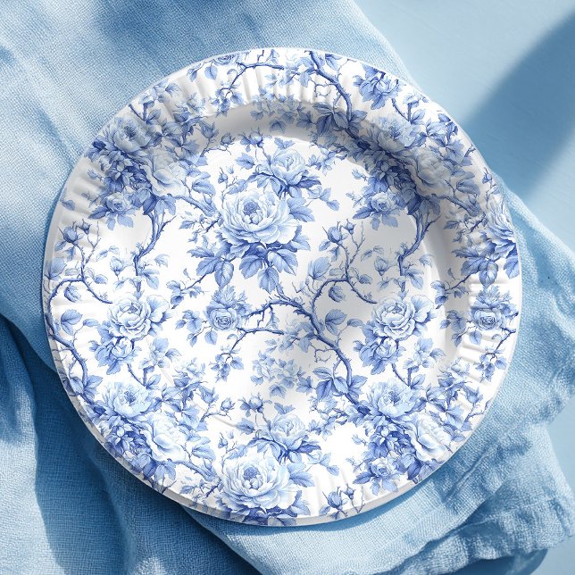 Verzierte blaue französische Rosen-Toile-de-Jouy B Pappteller (Ornate Blue French Toile Roses Floral Paper Plates)