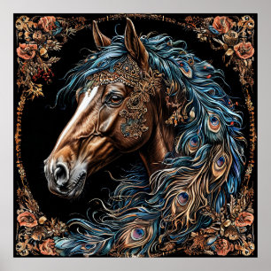 🐎 Verzierte blaue Pferd-Wandkunst 💙 Blaue Mähne Poster