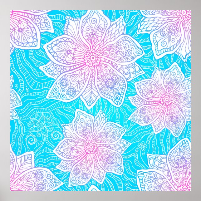 Verzierte Blume in Blau und Rosa nahtlos patentier Poster (Vorne)