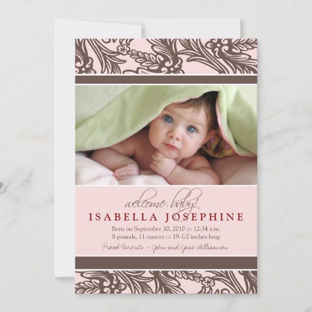 Verzierte Blumenbaby-Geburtserklärung (pink) Ankündigung (Vorderseite)