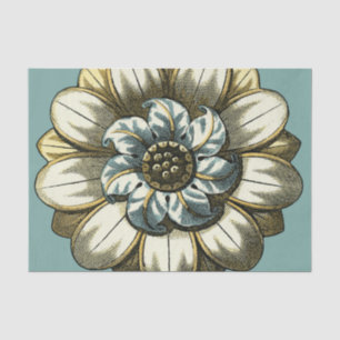 Verzierte Blumenmedaille über hellblauen Hintergru Seidenpapier