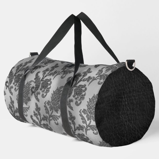 VERZIERTE BLUMENPATTER AUS SCHWARZ UND SILBER DUFFLE BAG (Linke Ecke)