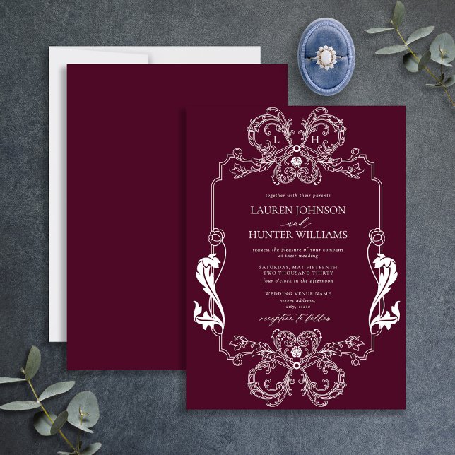Verzierte Burgundy Floral Line Art Monogram Weddin Einladung (Von Creator hochgeladen)