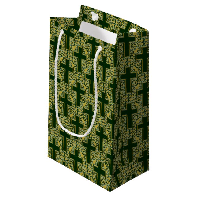 Verzierte Cross-25-Green-Gold-GIFT-BAG Kleine Geschenktüte (Vorderseite Schrägansicht)