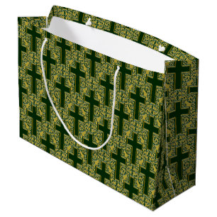 Verzierte Cross-25-Green-Gold-GIFT-BAG L Große Geschenktüte