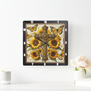 Verzierte Cross Sunflowers Schmetterlinge Quadratische Wanduhr