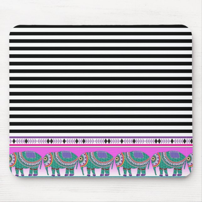 Verzierte Elefanten Black Stripped Trendy Mousepad (Vorne)