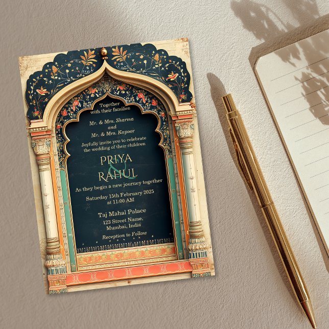 Verzierte elegante Vintage Hochzeit der Goldenen F Einladung (ornate green, gold and navy blue indian wedding invitation)