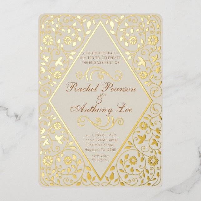 Verzierte Engagement Partei Botanische Foil-Einlad Folieneinladung (Vorderseite)