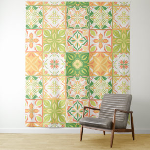 Verzierte Fliesen in grün und gelb Wandteppich