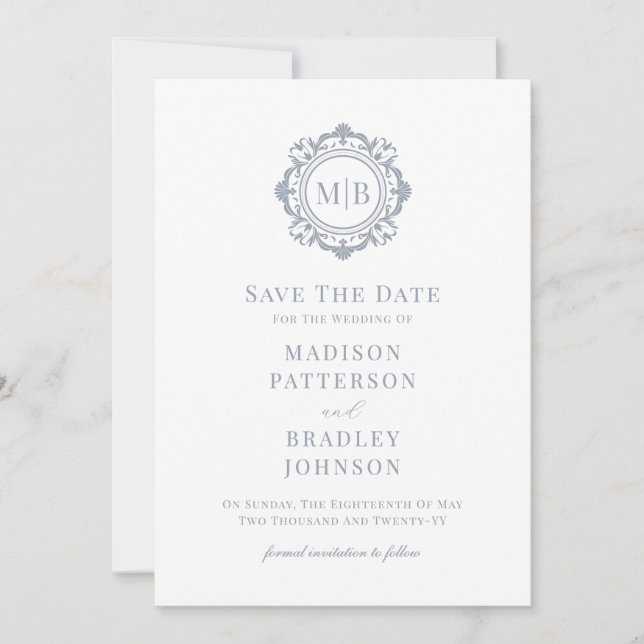 Verzierte Floral Monogram Silver Wedding Save The Date (Vorderseite)
