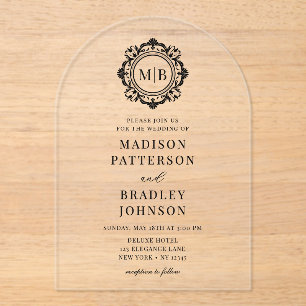 Verzierte Floral Monogram Wedding Elegant Black Acryleinladungen