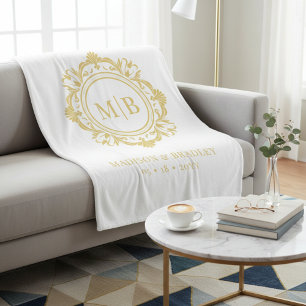 Verzierte Floral Monogram Wedding Elegant Gold Whi Fleecedecke