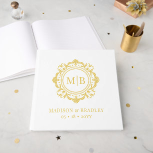 Verzierte Floral Monogram Wedding Elegant Gold Whi Gästebuch