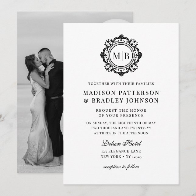 Verzierte florale Monogramm Hochzeit elegant Schwa Einladung (Vorne/Hinten)