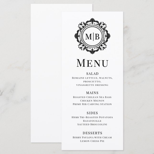 Verzierte florale Monogramm Hochzeit elegant Schwa Menükarte (Vorne/Hinten)