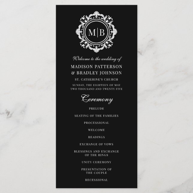 Verzierte florale Monogramm Hochzeit elegant Schwa Programm (Vorderseite)