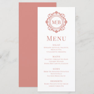 Verzierte florale Monogramm Hochzeit Elegante Rose Menükarte