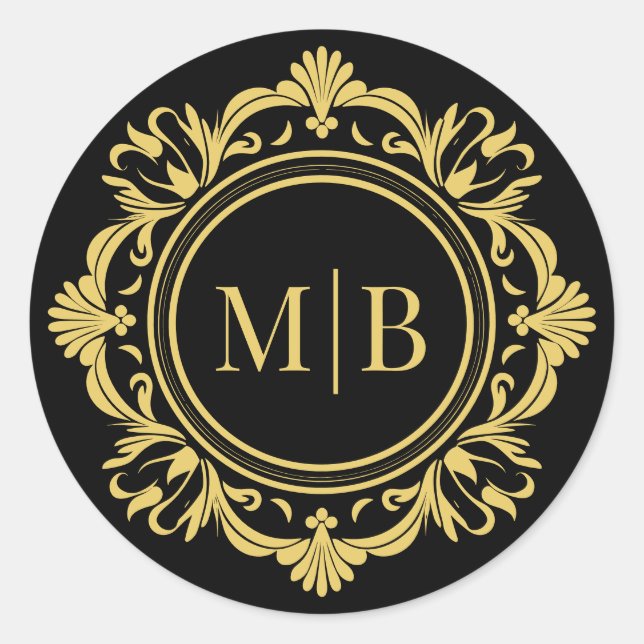 Verzierte florale Monogramm Hochzeit Elegantes Sch Runder Aufkleber (Vorderseite)