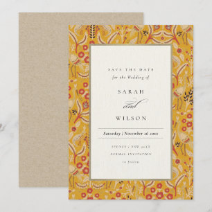 Verzierte gelbe Gold-Blumen-Pfau-Save-The-Date Einladung