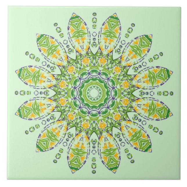 Verzierte grüne gelbe Mandala 2 Fliese (Vorderseite)