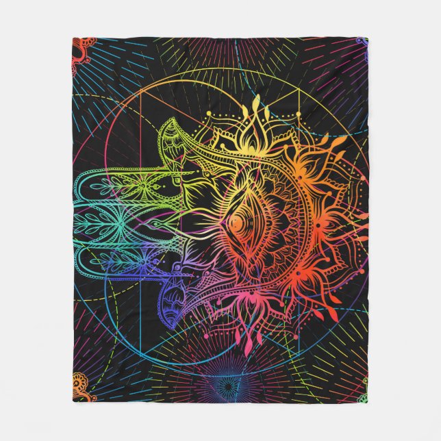 Verzierte Hamsa: handgezeichnet Neonmuster. Fleecedecke (Vorderseite)