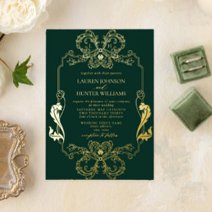 Verzierte Hochzeit der Green Floral Line Art Monog Folieneinladung