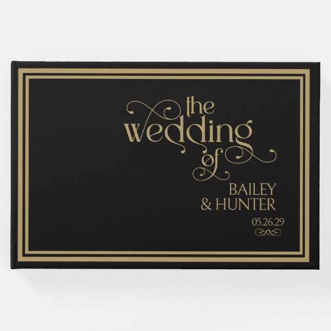 Verzierte Hochzeit in Schwarz-Gold Gästebuch (Vorderseite)