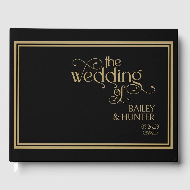 Verzierte Hochzeit in Schwarz-Gold Gästebuch (Vorderseite)