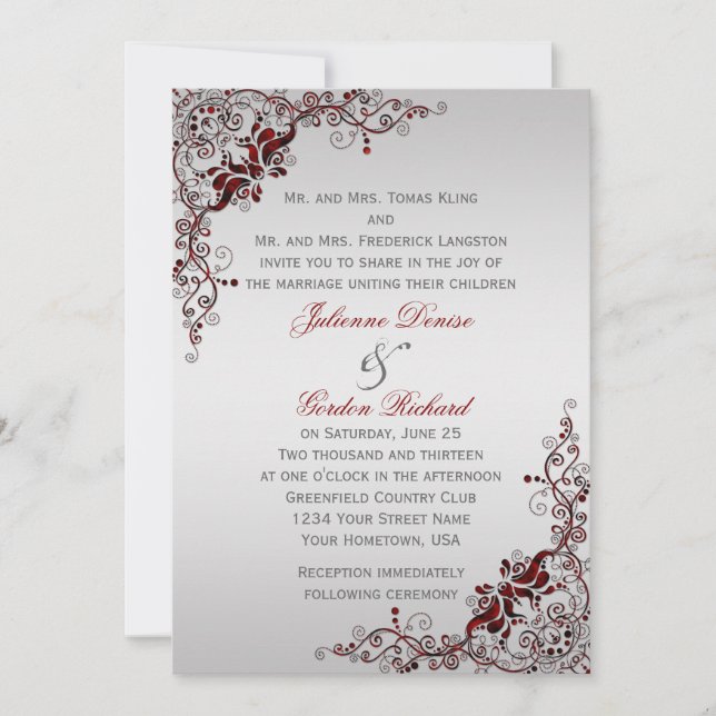 Verzierte Hochzeiten in Deep Red and Silver Floral Einladung (Vorderseite)