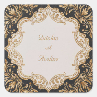 Verzierte Hochzeitsaufkleber für Schwarz und Gold Quadratischer Aufkleber