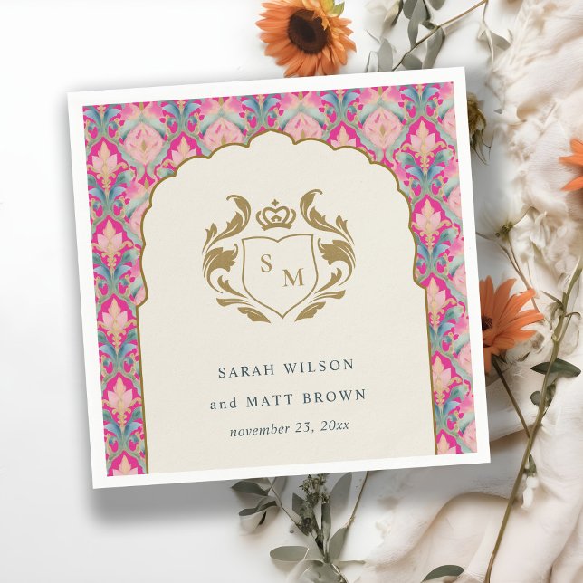 Verzierte Hot Pink Gold Klassik Blumenlaurel Hochz Serviette (Von Creator hochgeladen)