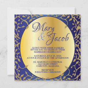 Verzierte königsblaue und goldene Hochzeitseinladu Einladung