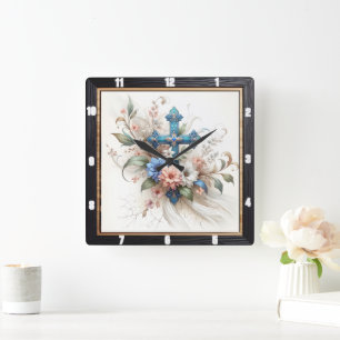 Verzierte Kreuz-Blumen-Eleganz  Quadratische Wanduhr