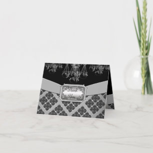 Verzierte Kronleuchter-Hochzeit in Silber und Schw Dankeskarte