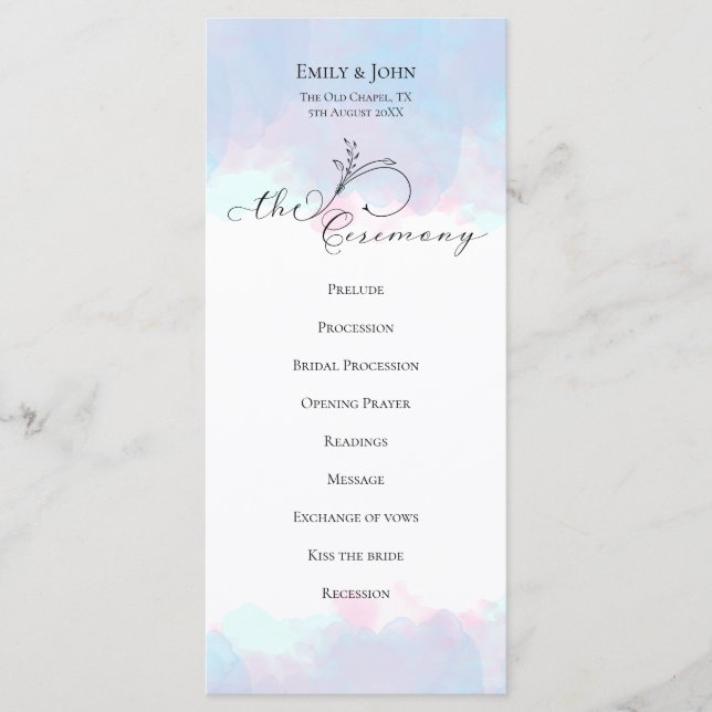 Verzierte Leaf Black Script Pastel Watercolor Wedd Programm (Vorderseite)