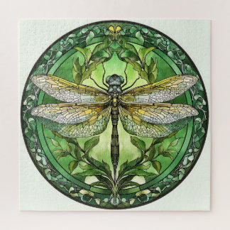 Verzierte Libelle mit grünem Blumenrahmen Puzzle