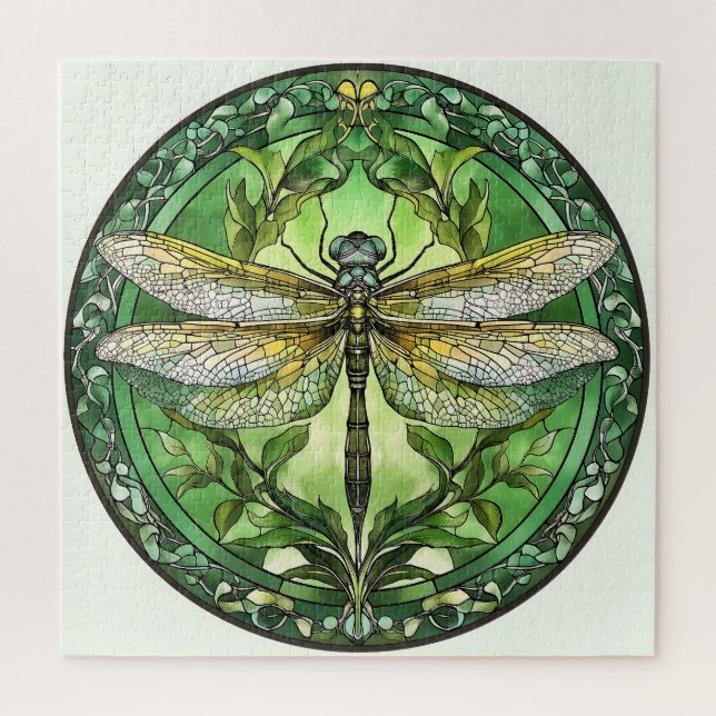 Verzierte Libelle mit grünem Blumenrahmen Puzzle (Vertikal)