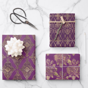 VERZIERTE LILA UND GOLD-PATTER & BLUME GESCHENKPAPIER SET