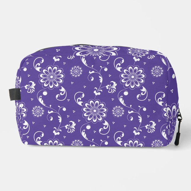 VERZIERTE LILA UND WEISSE BLUME UND BLÄTTER WASCHBEUTEL (Vorderseite)