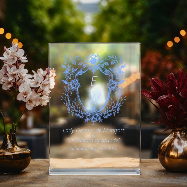 Verzierte Linen Blue Wappen Monogram Wedding Sign Acrylschild (Ornate Linen Blue Crest Monogram Wedding Sign)