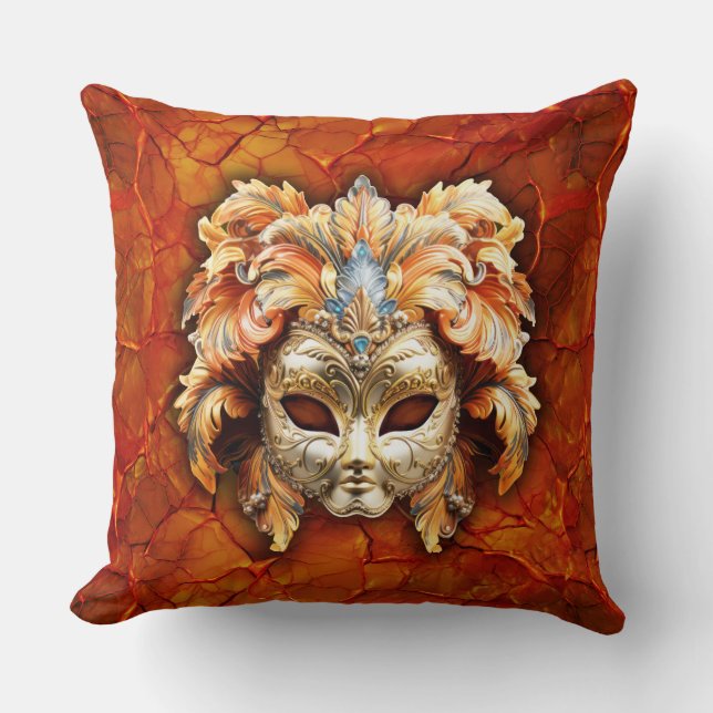 Verzierte Maske mit Orange Feathers im roten Hinte Kissen (Vorderseite)