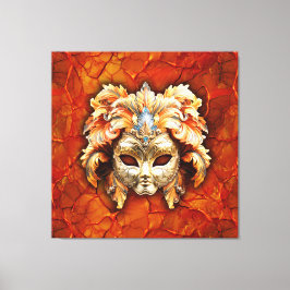 Verzierte Maske mit Orange Feathers im roten Hinte Leinwanddruck