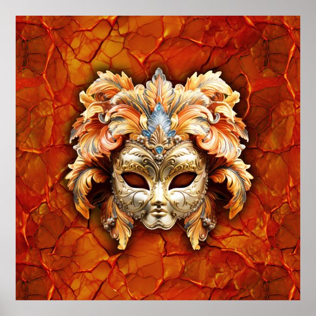 Verzierte Maske mit Orange Feathers im roten Hinte Poster (Vorne)