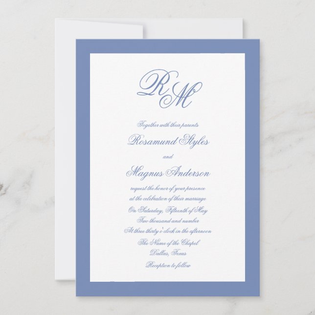 Verzierte Monogram Blue Wedding Einladung (Vorderseite)