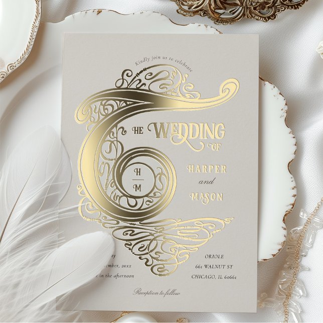 Verzierte Monogram Wedding Elegant Typografie Folieneinladung (Von Creator hochgeladen)