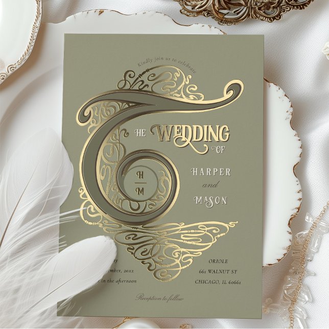 Verzierte Monogram Wedding Elegant Typografie Folieneinladung (Von Creator hochgeladen)